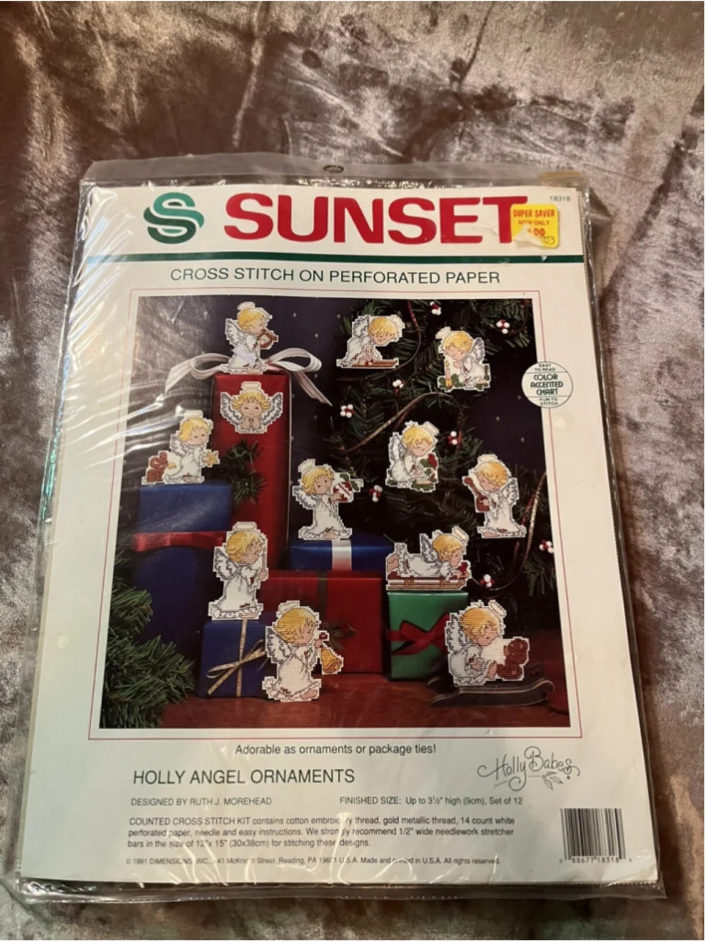 Sunset HOLLY ANGEL ORNAMENTS 1991 Perforated Paper Cross Stitch Kit Morehead